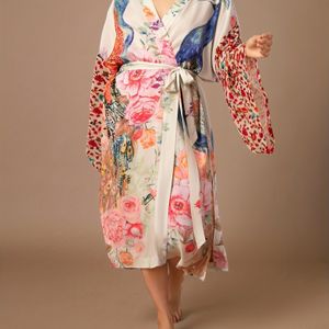 Moxdo Women's Plus Size Elegant Peacock Print Beach Cover-up - Adjustable Waist Tie Long Sleeve Lightweight Cardigan For Vacation Poolside & Resort Wear, Beach Dress