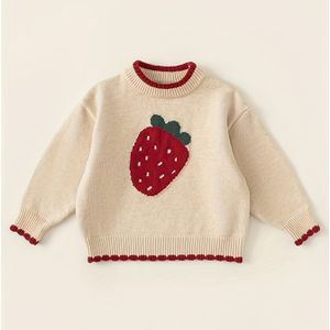 Aardbeienprint Trui Vest - Beige met Gerimpelde Kraag & Aardbeien Appliqué-achtige Patch, Zachte Rekbare Lange Mouwen Trui Vest (Handwasbaar, Casual & Feest)