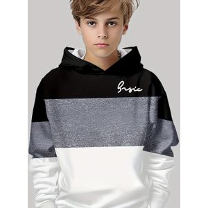 Jongens Casual Hoodie met 3D Gedrukt Kleurblok Ontwerp - Gezellige Polyester Mix, Lange Mouwen Pullover voor Lente/Herfst