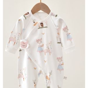 100% Katoenen Lange Mouwen Romper - Schattig Schaap & Bloemenprint Snap Sluiting Outfit, All-Seizoen Zachte Witte Onesie voor Unisex, Handwasbare Ronde Hals Jumpsuit, Perfect voor Buiten