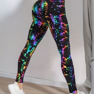 Vrouwen's chique leggings met hoge taille en levendige splatterprint, polyester en elastaan mix, medium stretch, gebreide stof, lange skinny tights.