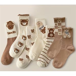 7-Pack Herfst- en Winter Sokken voor Vrouwen met Letterstrepen, Trendy Schattig Cartoon Beer Ontwerp, Veelzijdige Comfortabele Casual Enkelsokken
