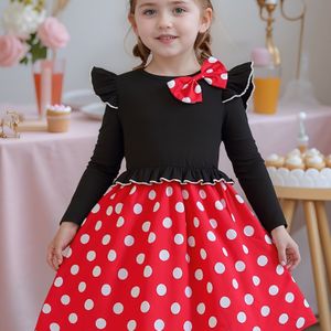 2025 Nieuwe Lente, Zomer, Herfst en Winter Meisjes Ronde Hals Lange Mouw Jurk met Kleurwijze Strik Ontwerp Wit Polka Dot Prinses Jurk voor Buiten Gebruik, Perfect Cadeau