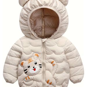 Kinderlijk schattig dierenprint met capuchon parka, 100% polyester warme winterjas, reguliere pasvorm met rits, niet-stretch geweven stof, herfst/winter bovenkleding voor jongens en meisjes