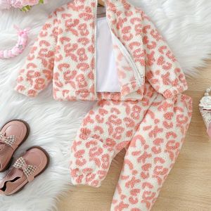 Meisjes Herfst- en Winter Fuzzy Colorblock Lange Mouwen Top met Staande Kraag en Broek Set, Ideaal voor Buiten