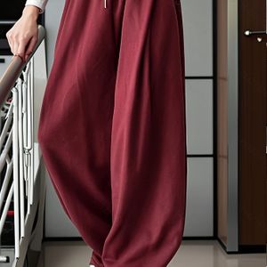 Dames Casual Polyester Trekkoord Zweetbroek, Kleur, Gebreide Stof, Losse Pasvorm Rechte Pijp Lange Broek met Zakken voor Alle Seizoenen