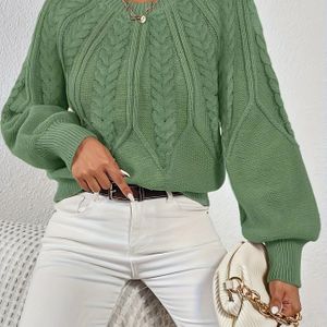 Lantern Mouw Kabel Gebreide Trui, Elegante Ronde Hals Lange Mouw Trui Voor Herfst & Lente, Dameskleding