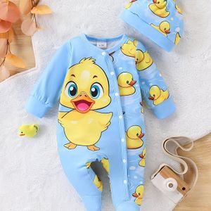 en Herfst Kinder Romper met Schattige Eend Cartoon Print + Hoed Set, Comfortabel Zacht Materiaal, Jongenskleding, Geschikt voor Buitenactiviteiten