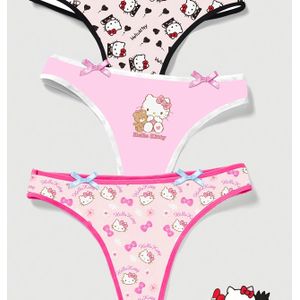Sanrio Hello Kitty Officieel Damesondergoed 3- Set - Schattige Roze Strik & Hello Kitty Gezicht/Alfabet Print Slipjes, Comfortabele Bijpassende Lingerie Collectie (Officieel Gelicentieerd)