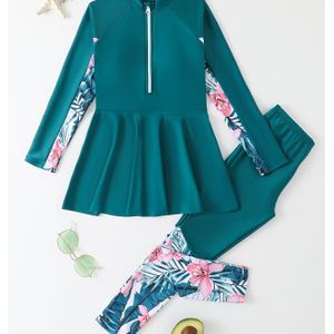 Nieuwe Groene Lange Mouwen Lange Broek met Bloemenpatchwork Zonbescherming Meisjes- en Meisjes-Zwempak met Rits