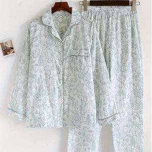 Print 100% Gauze Dames Pyjama Set, Lange Mouw Cardigan, Losse en Ademende Nachtkleding Twee-Delige Set