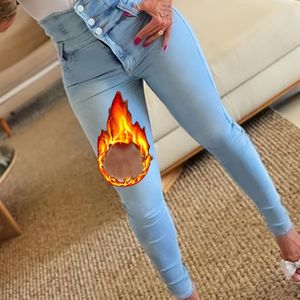 Dameshoge-waistje denim broek, meerdere gespen, fluweel, verdikte en warme denim