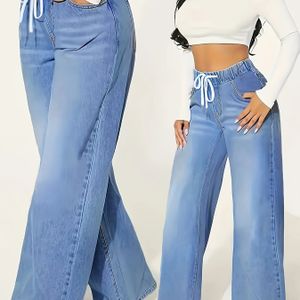 Elegante Jeans Met Brede Pijpen En Trekkoord, Voor Dames Met Een Grotere Maten