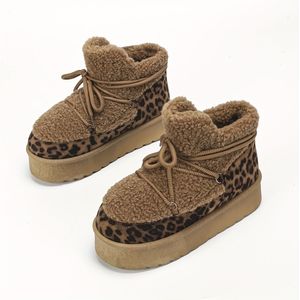 Winterlaarzen met Luipaardprint voor Dames - Warm, Gezellig, Antislip Dikke Enkellaarzen met Vetersluiting voor Buitenkozijn