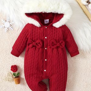 Meisjes Winter Trui Jumpsuit met Kap en Fur Kraag, Lange Mouw Kleur Polyester Romper met Strik, Warme Herfst/Winter Outfit voor Baby's, voor Buiten