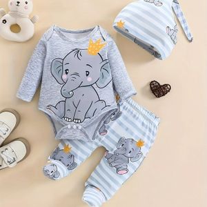 HAO6 Olifant 3-delige Onesie Set - Grijs & Wit Gestreepte Romper met Lange Mouwen, Bijpassende Broek en Pet | Zachte Korte-Mouw Hoodie voor Baby's / Peuters | Wasmachinebestendig Kinderkleding