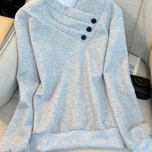 Vrouwen Elegante Casual Lange Mouw Sweatshirt - Zachte Stretch Pullover met Decoratieve Knopen, Wasbare Kleur Top voor Herfst Winter, Elegantie Collectie