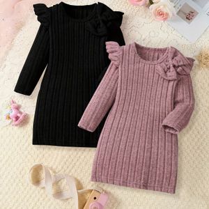 2-delige set meisjes lente/herfst kleur jurk met mouwen en strik rond de hals lange mouwen "basislaag stof, lichtgewicht en ademend" - Geschikt voor