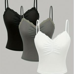3 stuks Dames Semi- Kanten Camisole Jurk - Kleur Mouwloze Blouse met Smalle Bandjes, Wasmachinebestendige Tops voor Strandkleding, Feest & Dagelijkse Outfits (3 stuks)
