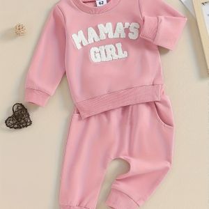 Babymeisjes kleur letter borduurwerk lange mouw sweatshirt + broek 2-delige set voor lente en herfst buitenkleding