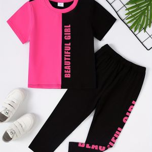 Zomerkleding Jonge Meisjes Nieuw Dagelijks Casual T-shirt met Letteropdruk + Broek met Letteropdruk Tweedelige Set
