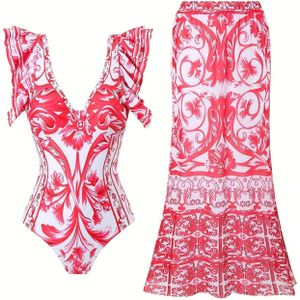 Sexy Bikini One-piece Swimsuit With Wrap Dress Set For Women, European And American Trade Beach Skirt, Gathered And Conservative To Cover The Belly