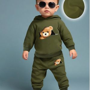 Nieuwgeboren Baby Jongen Leuke Cartoon Beer Print Lange Mouwen Sweatshirt + Casual Sportbroek Set, Lente/Herfst Cadeau, Geschikt voor Buiten, Perfect voor Buiten