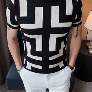 Herenslimfit Gebreide Trui met Korte Mouwen - Zwart & Wit Geometrisch Ruitpatroon, Ademende Ronde Hals Pullover voor Buiten Wandelen & Casual , Lente Zomer Herfst, Comfortabele