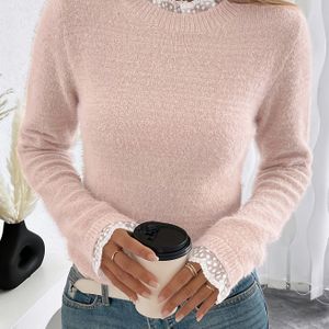 Vrouwen Elegante Ronde Hals Sweater met Kant Detail op Kraag en Manchetten