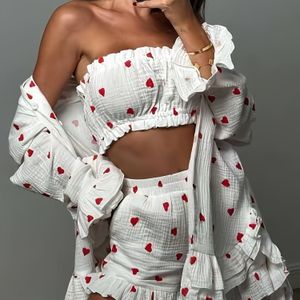 Zachte en Comfortabele Hart Print Valentijnsdag Tube Shorts Jas Driedelige Set