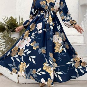 1pc Elegante Bloemenprint Midi Jurk voor Vrouwen - Polyester Fit en Flare met Crew Hals, Lange Mouwen en Tie Taille - Non-Stretch Geweven Stof, Gefluitte , Lente/Herfst Mode