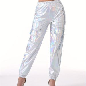 1 stuk Chic Metallic Cargo Broeken - , Pastelkleurig, Streetwear voor Feesten & Rap Fashion, Volwassen Maat, Casual Kleding | Metallic Finish | Elastische Taille, Metallic Broeken