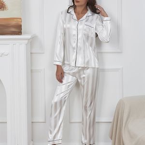 Gestreepte Satijnen Pyjamaset, Top Met Knopen En Lange Mouwen En Broek Met Elastische Tailleband, Nachtkleding En Loungekleding Voor Dames