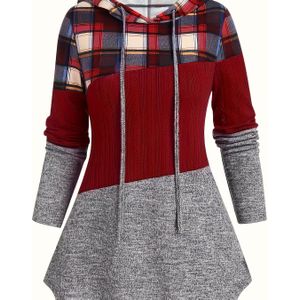 1pc Vintage Ruitpatroon Trui voor Vrouwen, Lange Mouw Pullover met Trekkoord, Polyester 95% Elastan 5%, Ruime Pasvorm, Alle Seizoenen, Reguliere Lengte, Gebreid , A-Lijn Contour