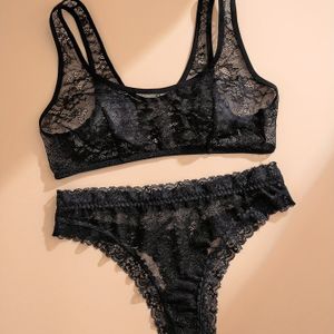 1 Set van doorzichtige kanten bh en string ondergoed set, mouwloze top met bloemenpatroon, hoge taille string met randen, geen onderwieltje, kleur, voor volwassenen