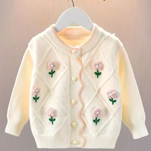Baby's Gebreide Cardigan Trui - Witte Winterjas met Roze Bloemenkraag & Knoopsluiting, Zachte Warme Lange Mouwen Jas voor &, Handwasbaar (Geen Droger) - Outfit