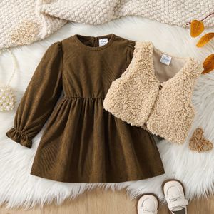 Meisjes Eenvoudige Kleur Ronde Hals Midi Jurk + Pluizige Mouwloze Vest Stijl Buitenkleding, Kinderen Warme Lente- en Herfstkleding voor Buitenactiviteiten