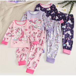 Meisjes Schattige Mooie Regenboog Kroon Eenhoorn Print Herfst Pyjama Set, Lange Mouwen Lange Broek met Trekkoord Taille en Enkels, Willekeurig Verzonden, Vlamvertragende Stof
