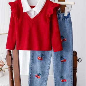 Meisjes Casual Lange Mouwen Nep-Tweedelige Top en Jeans Set, Perfect voor Buiten