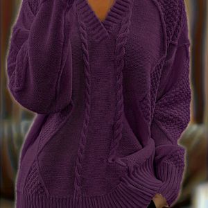 LVLAEA Dames Herfst-Winter Ribgebreide V-Hals Trui | Casual Losse Pasvorm, Kleur, Lange Mouw Pullover