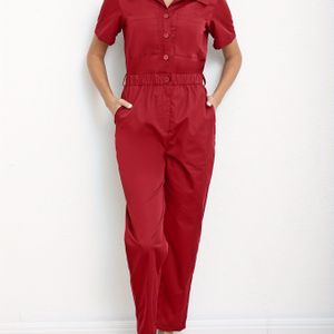 Casual Rode Jumpsuit voor Dames met Zakken - Korte Mouwen, Knoopsluiting met Kraag, 100% Polyester, Machinewasbaar, Niet-Rekbare Stof voor Alle Seizoenen