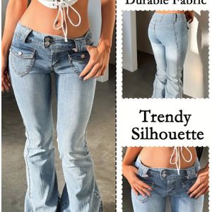 Y2K Streetwear Dames Slim Fit Elegante Achterkant Getijdenstroom Comfortabele Jeans Cover Kleine Zak Esthetische Mode Kleding Strakke Pasvorm Rechte Casual Uittrekbroek-GZ06787-Blauw