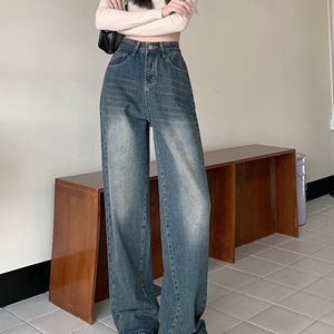 Retro Blauwe Jeans Nieuw Hoge Taille Rechte Pijp Wijd Flare Vloerbroek