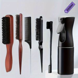 5/6-delige Haarstylingborstelset met Bamboe Handvatten - 200ml Sprayflesje Borstelharen voor Teasing & Gladstrijken Kammen voor Mannen en Vrouwen, Perfect voor Gekamde Haarstijlen