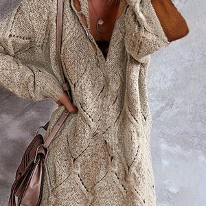 Vintage stijl dames kleurvlakken polyester gebreide trui jurk met capuchon - 100% polyester, V-hals, lange mouw, opengewerkt ontwerp, herfst/winter collectie
