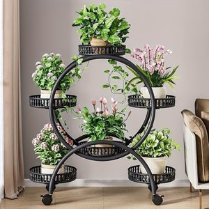TEMU Veelzijdige Metalen Bloemenstandaard met Meerdere Niveaus en Wielen - Decoratieve Plantenhouder voor Binnen/Buiten voor Woonkamer & Balkon