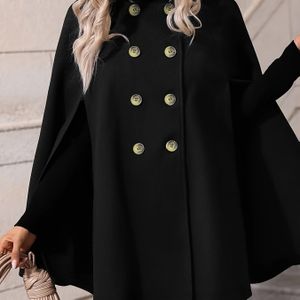 Rode Dubbelrijige Cape Jas voor Dames - Casual Coltrui met Vleermuismouwen, Losse Pasvorm voor Herfst/Winter, Kleur Ontwerp, Winterwarming, Functionele Zakken