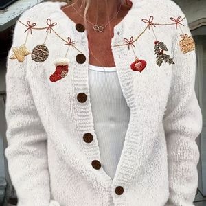 Dames Kersttrui Cardigan Jas - All- met Peperkoek, & Sneeuwvlok Patronen, Witte Knoopsluiting Voor Feestelijke Gelegenheden en Winteroutfits (Ronde Hals) – Handwasbare Festive Trui