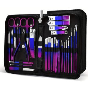 New Blauw-Rood 30-delige Set: Anti-Spat Roestvrijstalen Nagelknipper, Manicureschaar & Eeltgereedschap – 30 stuks