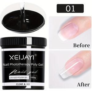 XEIJAYI 100g Capaciteit UV/LED Uitgeharde Poly Nagelgel - Snelle Verlenging, Geen Papierhouder Nodig, Glanzende Afwerking voor DIY & Pedicures